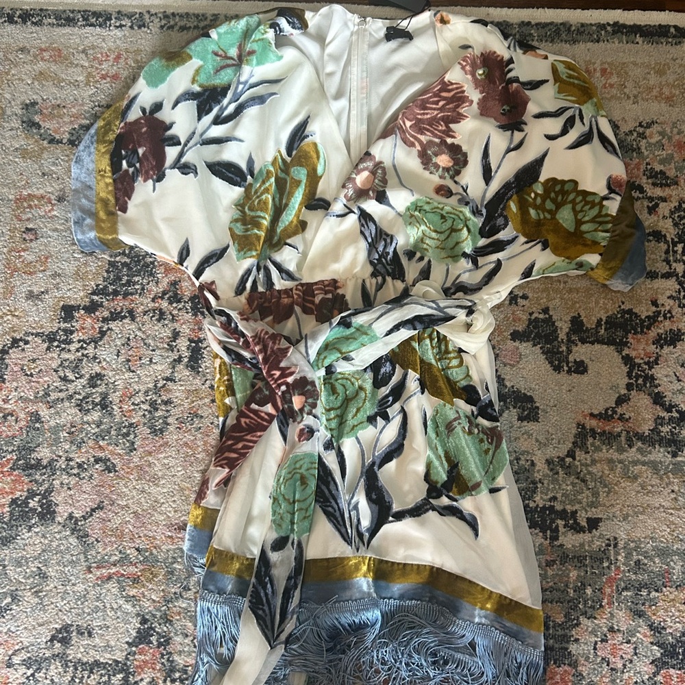 NBD Floral Tie-Waist Tunic in White, Green, Brown and Gold